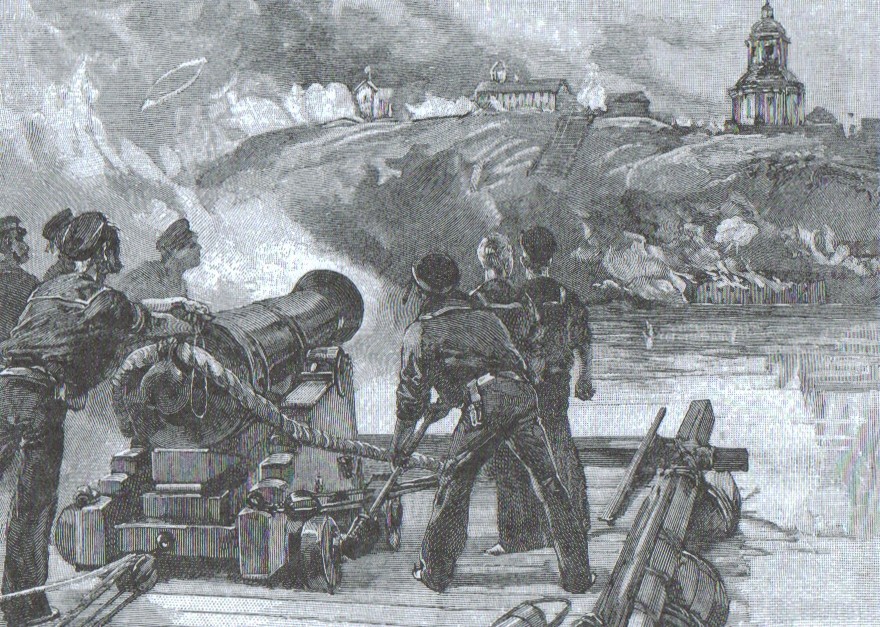 Оборона Таганрога, Крымская война, Плот «Леди Ненси» ведет огонь по Таганрогу.