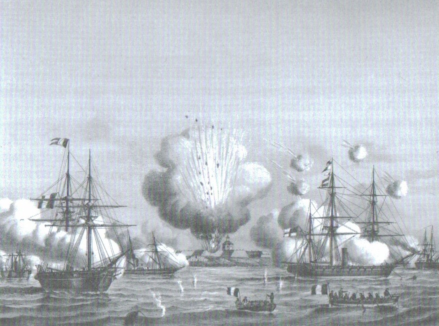 Оборона Таганрога, Крымская война, Флагманские корабли союзников – авизо «Люцифер (слева) и шлюп «Миринда» (справа) во время обстрела Арабатской крепости.